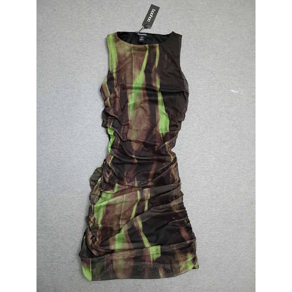 Boohoo Abstract Ruched Mesh Mini Dress Green Brown Matrix Tank Size 6 NWT Grunge